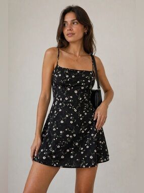 Crescent Black Floral Mini Dress – Size S
